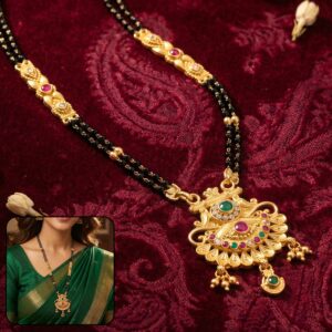 Antique Finish Navaratna Peacock Feather Fan with Multi-Stone Rows Extra Long Double Strand Mangalsutra