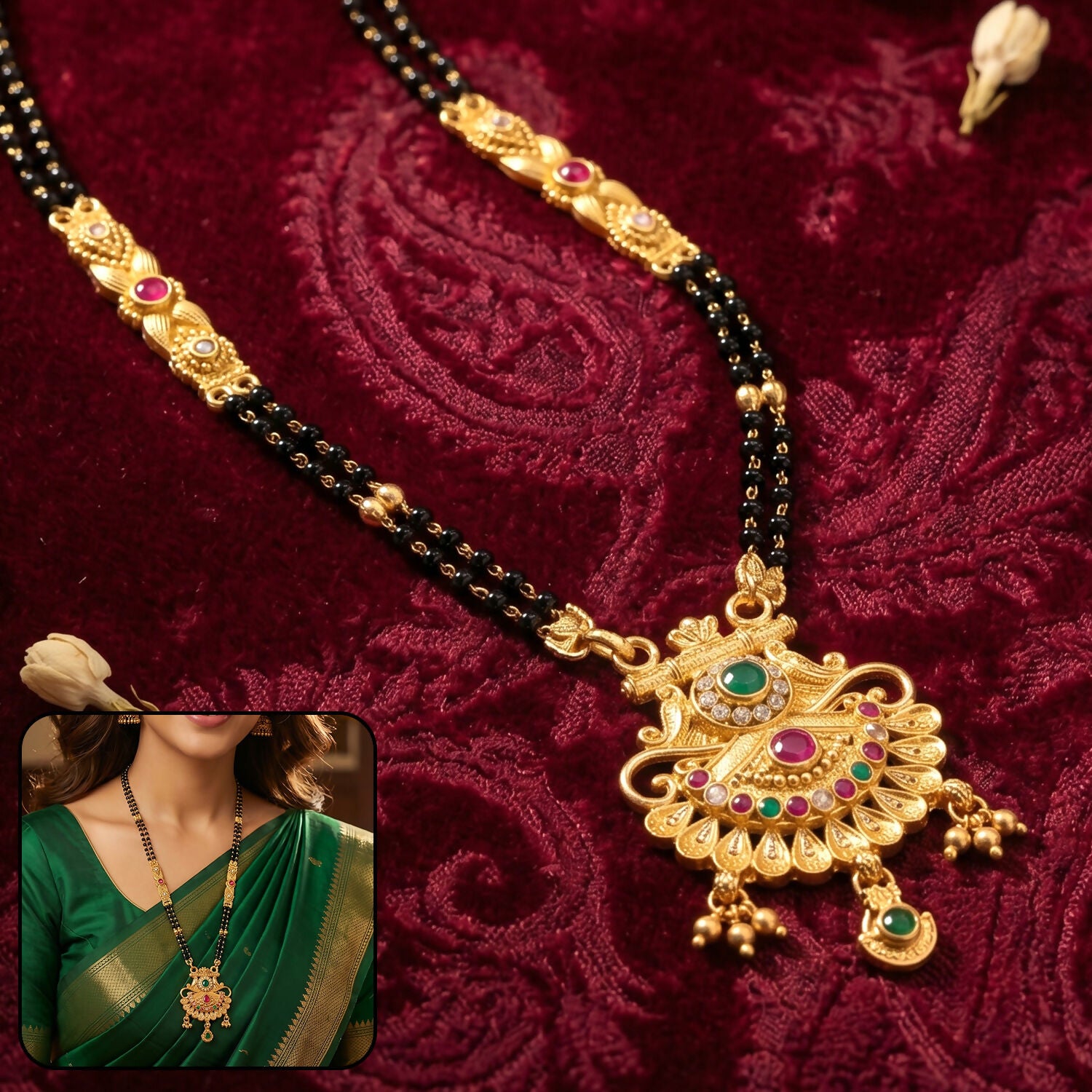 Antique Finish Navaratna Peacock Feather Fan with Multi-Stone Rows Extra Long Double Strand Mangalsutra