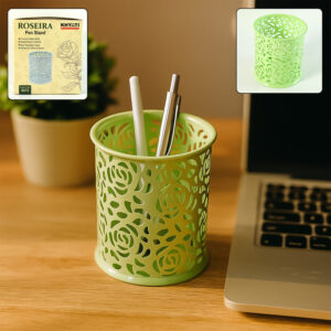 Khyati Roseira Metal Pen Stand – Elegant Floral Cutwork Desk Organizer Office & Study