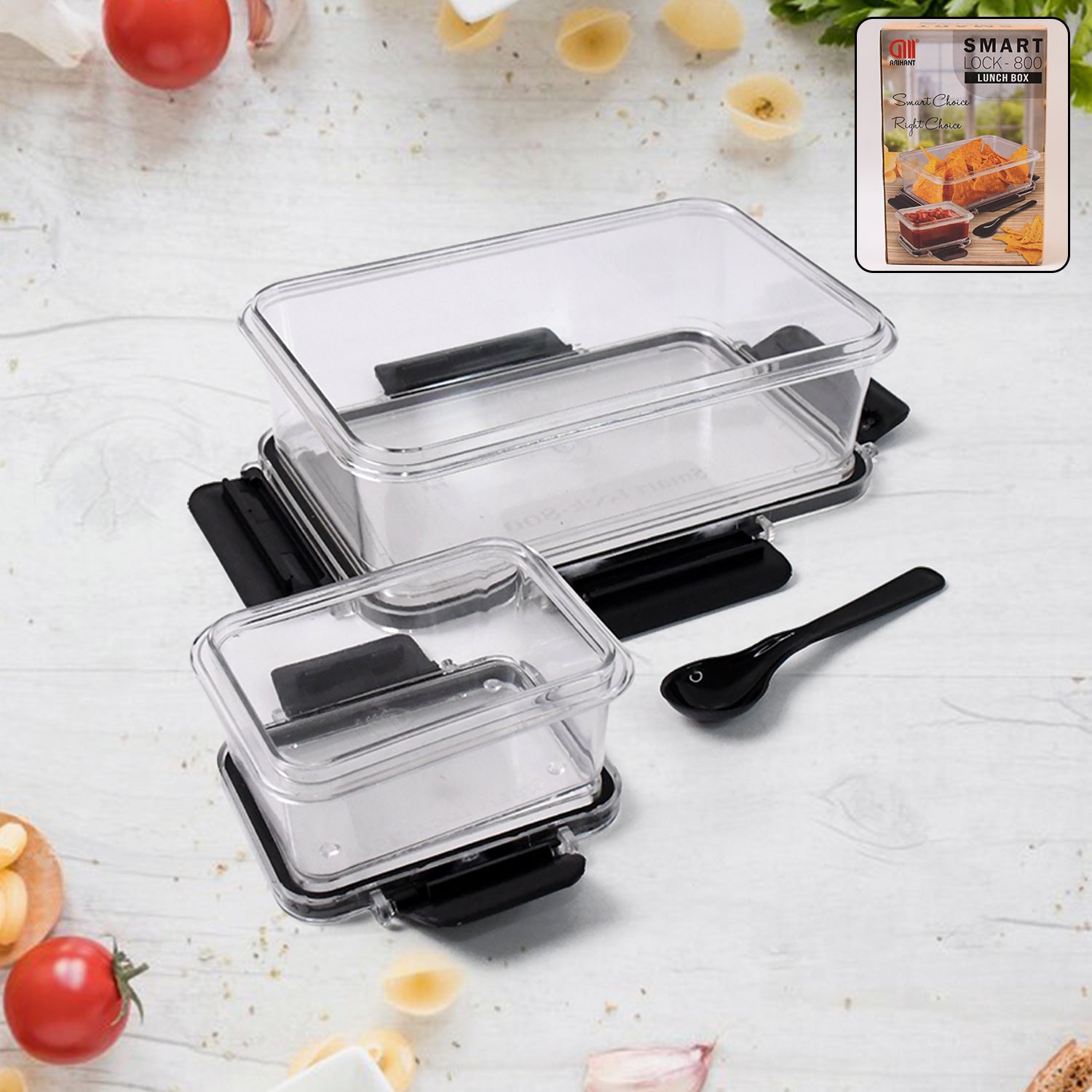 Plastic Kitchen Storage Container Big 800 ML & Small 250 ML Air Seal Lock Lid & Spoon