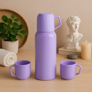 Purple Vacuum Flask Set – Stainless Steel Thermos with 3 Cups, Approx 500ml