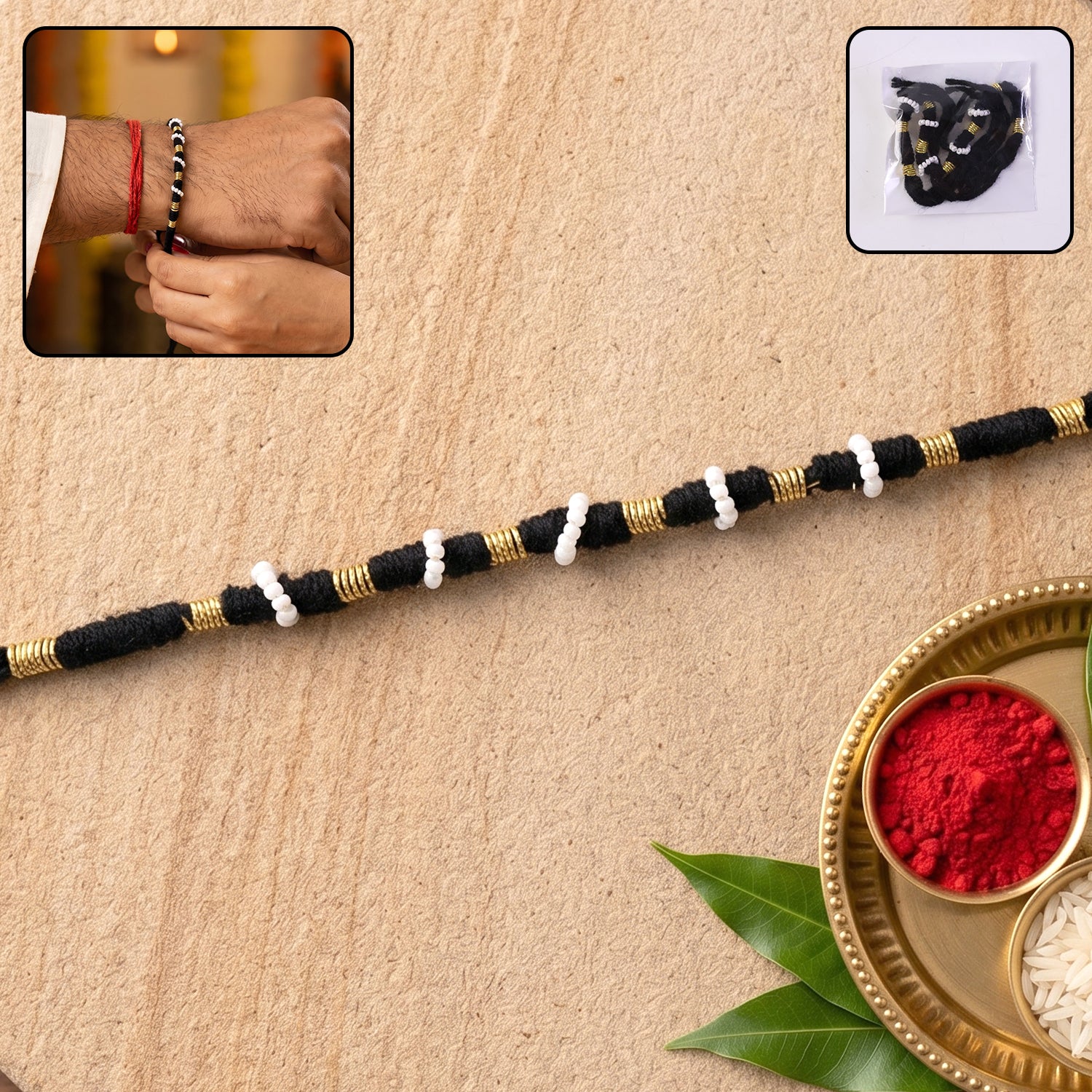 Handmade Black Bracelet Rakhi with White Beads (1 Pc)