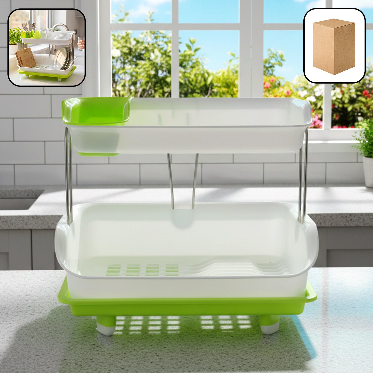 Prexo 2 Layer Kitchen Dish Drying Rack with Drain Tray (1 Set)