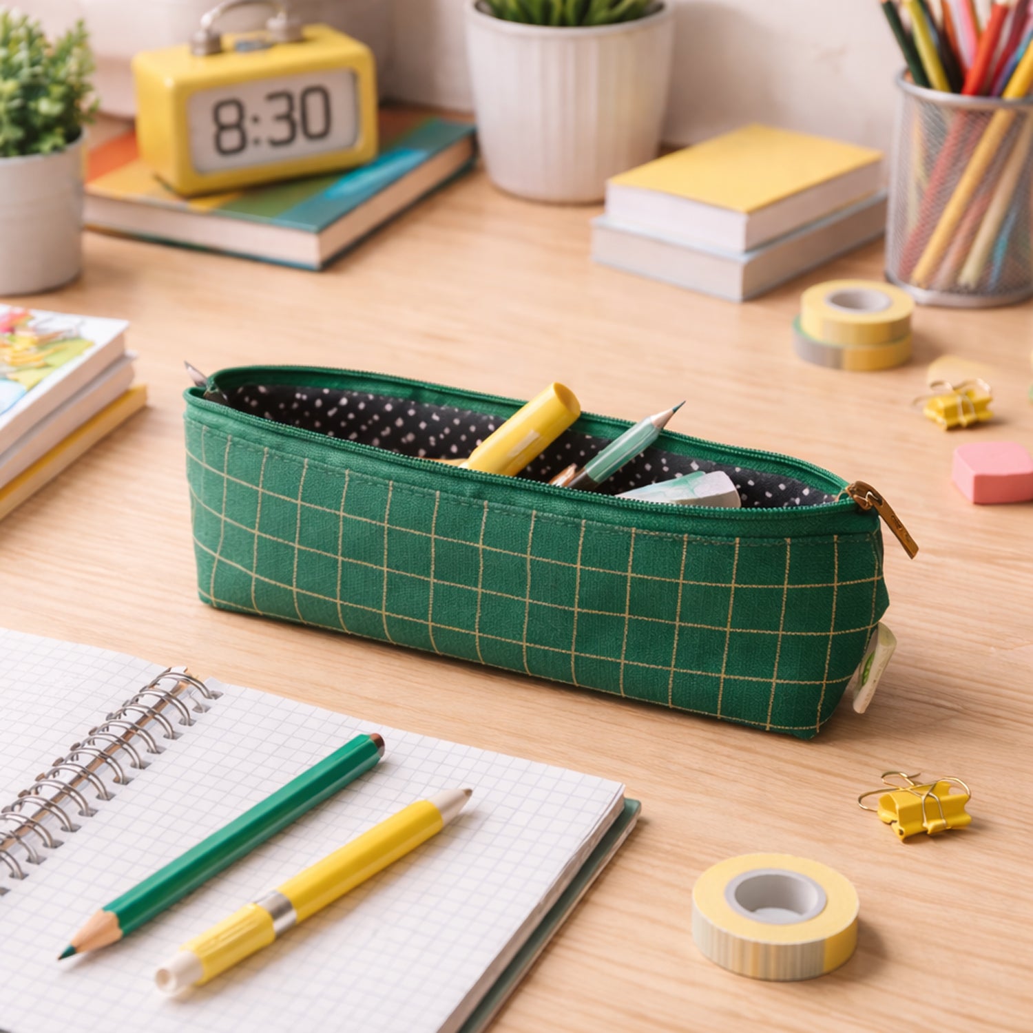 Premium Green Grid Printed Zipper Pencil Pouch Organizer (1 Pc)