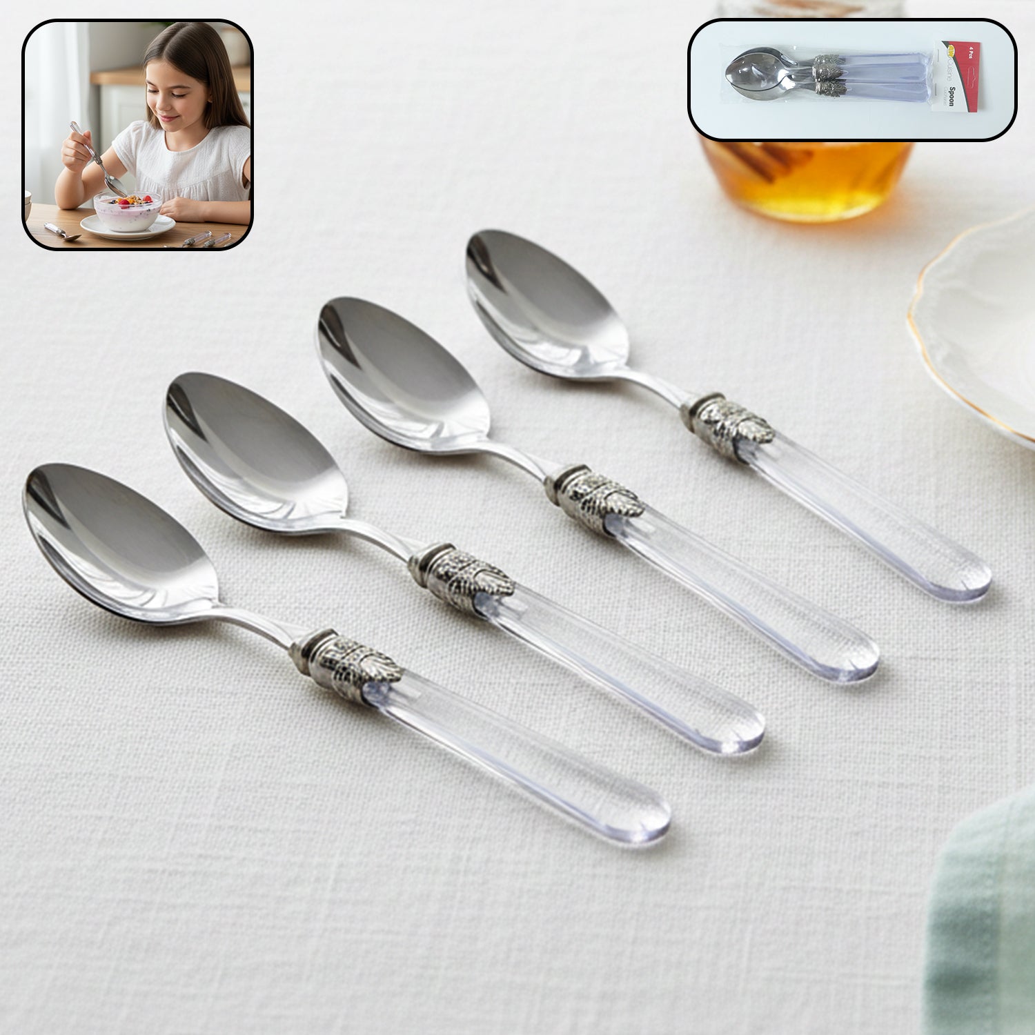 Premium Stainless Steel Dessert Spoon With Plastic Handle Set (4 Pc Set)