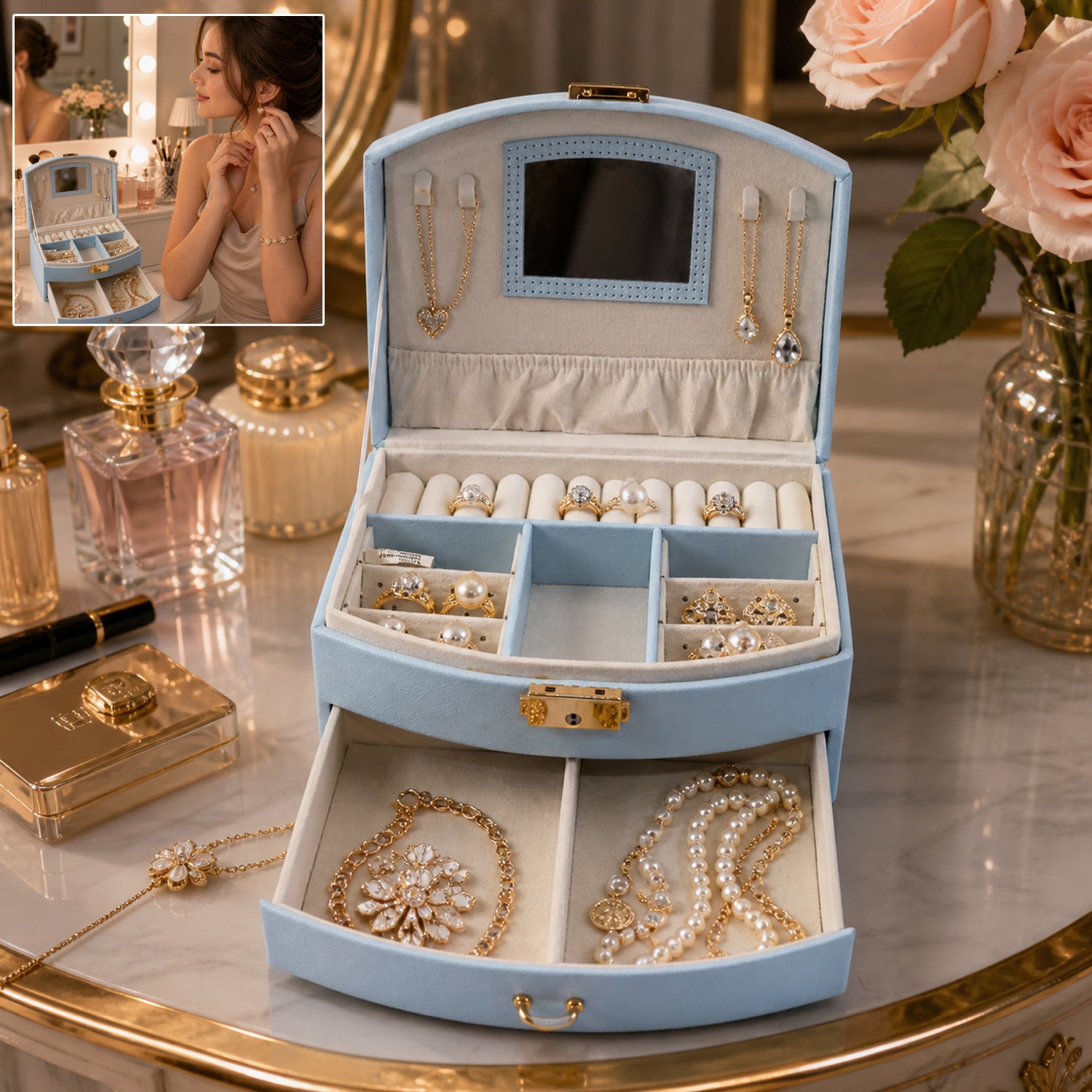 Premium Multi Layer Jewelry Storage Box with Mirror (1 Set)