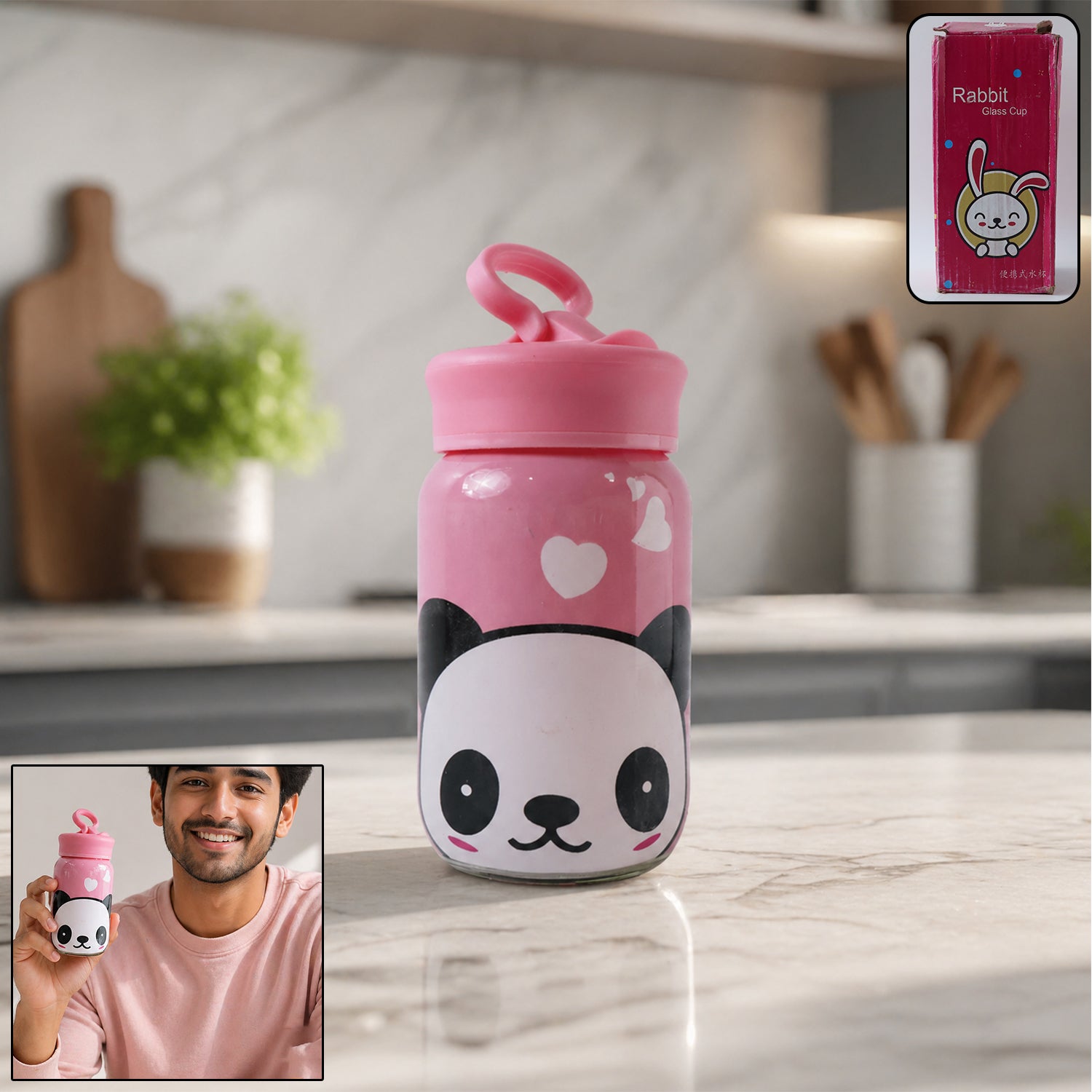 Cute Cartoon Printed Glass Drinking Bottle Cup with Lid (340 ML)