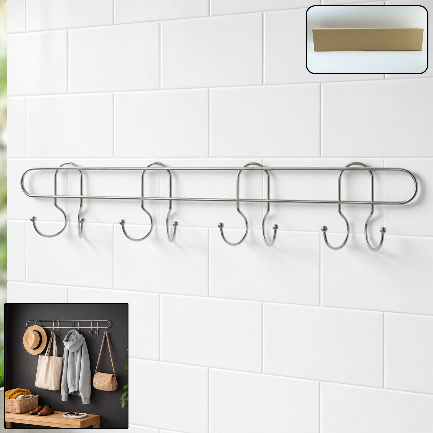 Heavy Duty Stainless Steel Wall Mounted Hook Rack (1 Pc)