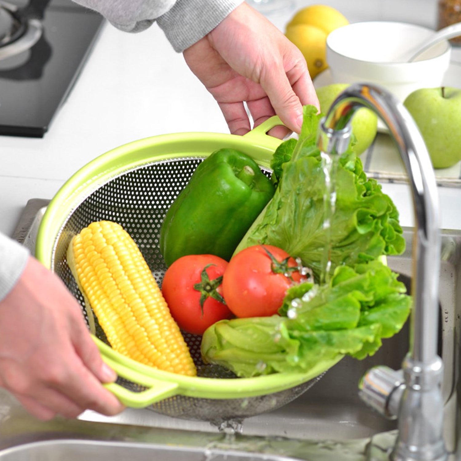 Stainless Steel Colander with Handle, Large Metal Green Strainer