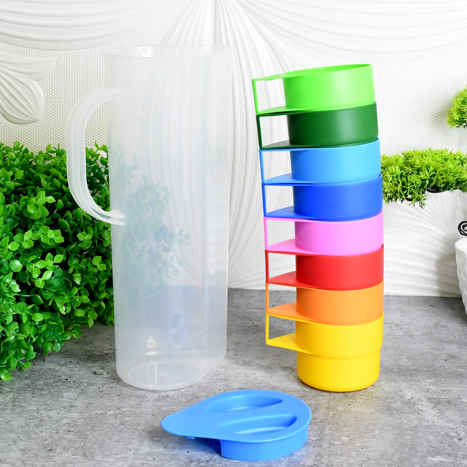Rainbow Picnic Plastic Pitcher / Jug / Kettle Glass / Cup Set Water (9 Pcs Set)