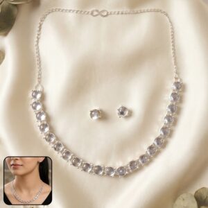 Elegant Silver-Plated Necklace Set with Clear Gemstones and Matching Earrings