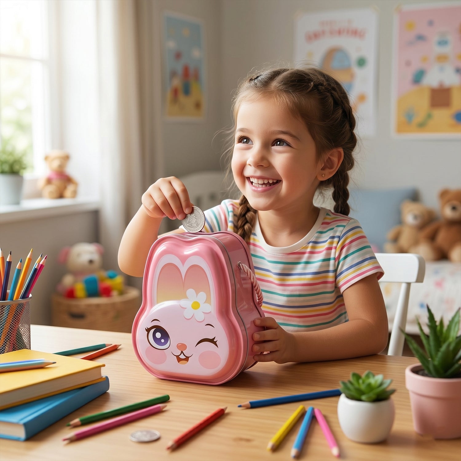 Cute Bunny-Shaped Metal Piggy Bank with Lock & Key – 1 Pc, Mix Design