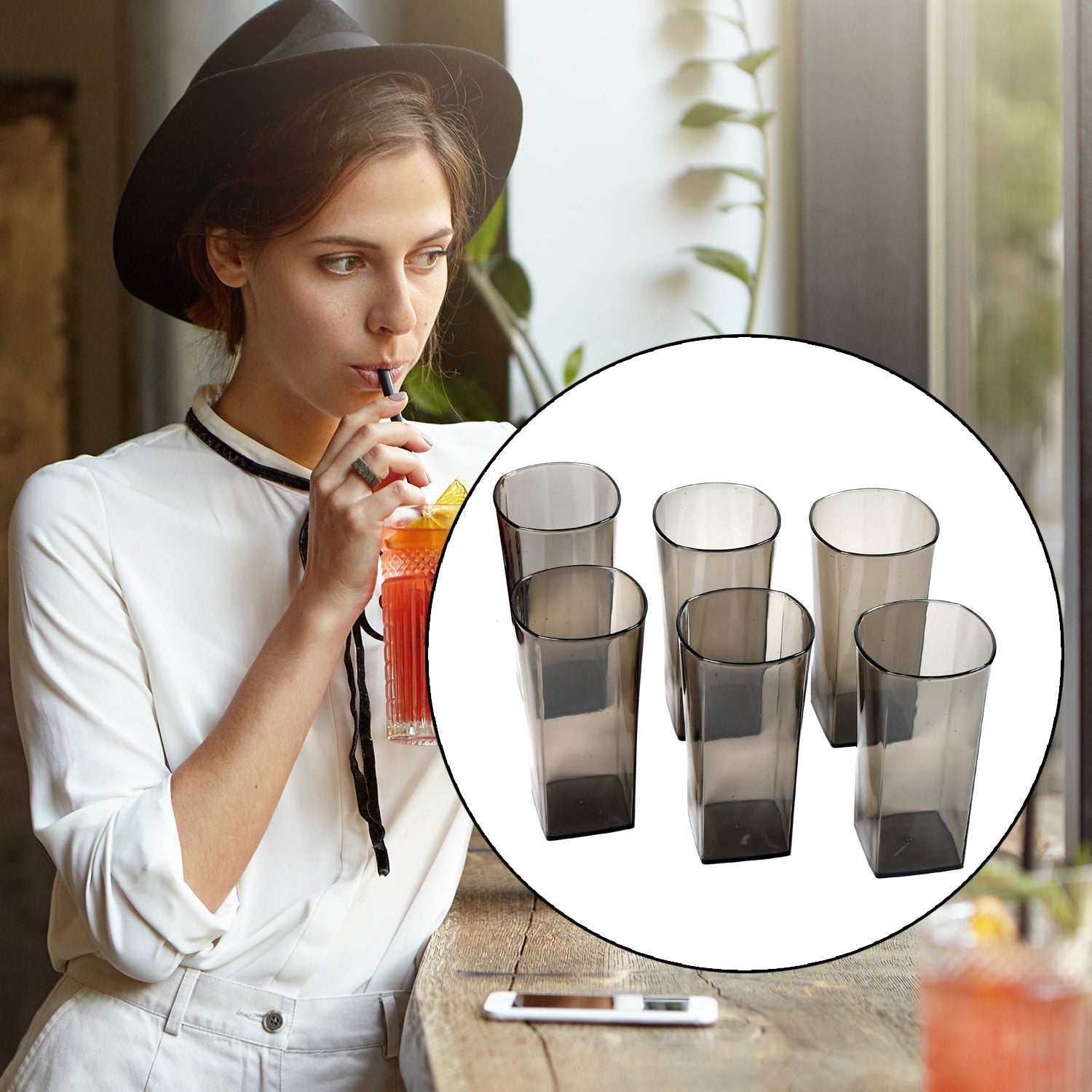 Unbreakable Transparent Square Design Wine Tumbler Plastic Glass Set Pack of 6