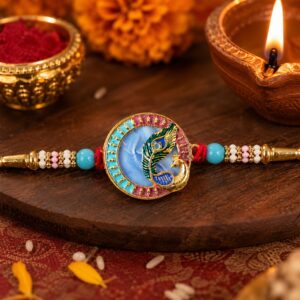 Peacock Motif Rakhi with Beads and Thread for Raksha Bandhan (1 Pc)