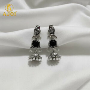 Moonlit Black Stone Peacock Earrings – Oxidized Silver Finish