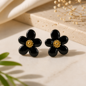 Black Floral Enamel Stud Earrings with Gold Center for Women Daily Wear Jewelry