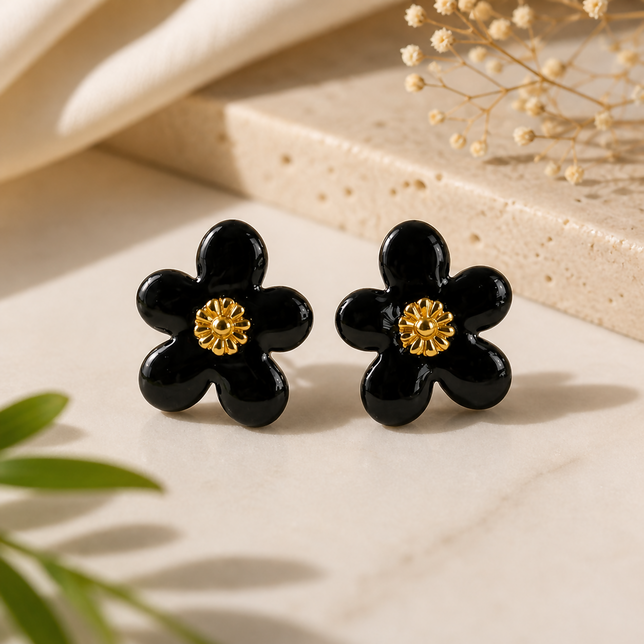 Black Floral Enamel Stud Earrings with Gold Center for Women Daily Wear Jewelry