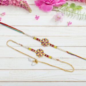 Traditional Bhaiya Bhabhi Rakhi Set with Pearl Beads and Lumba Chain