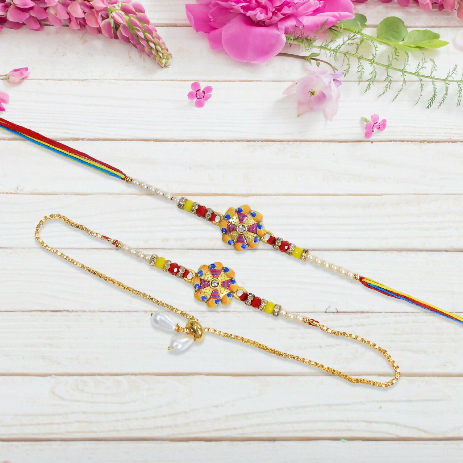 Traditional Bhaiya Bhabhi Rakhi Set with Pearl Beads and Lumba Chain