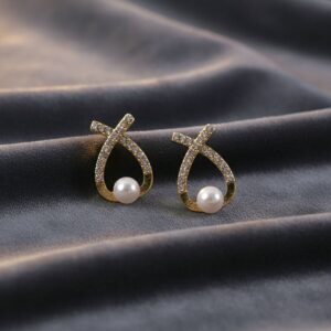 Korean Style Crystal Pearl Drop Stud Earrings for Women & Girls