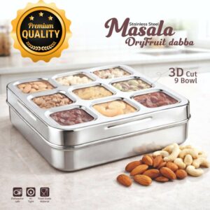Premium Stainless Steel Masala & Dry Fruit Storage Dabba with 9 Compartment Tray