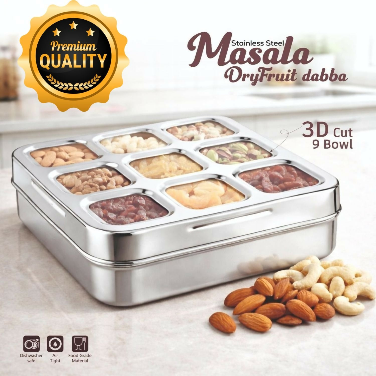 Premium Stainless Steel Masala & Dry Fruit Storage Dabba with 9 Compartment Tray