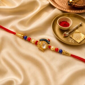 Elegant Stone Studded Designer Rakhi with Golden Finish Beads 1 Pc