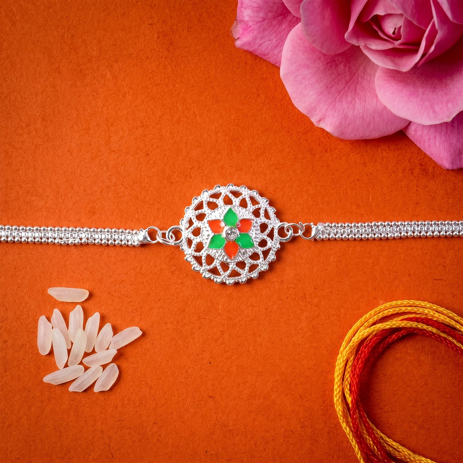 Silver Floral Designer Rakhi Bracelet for Raksha Bandhan (1 Pc)