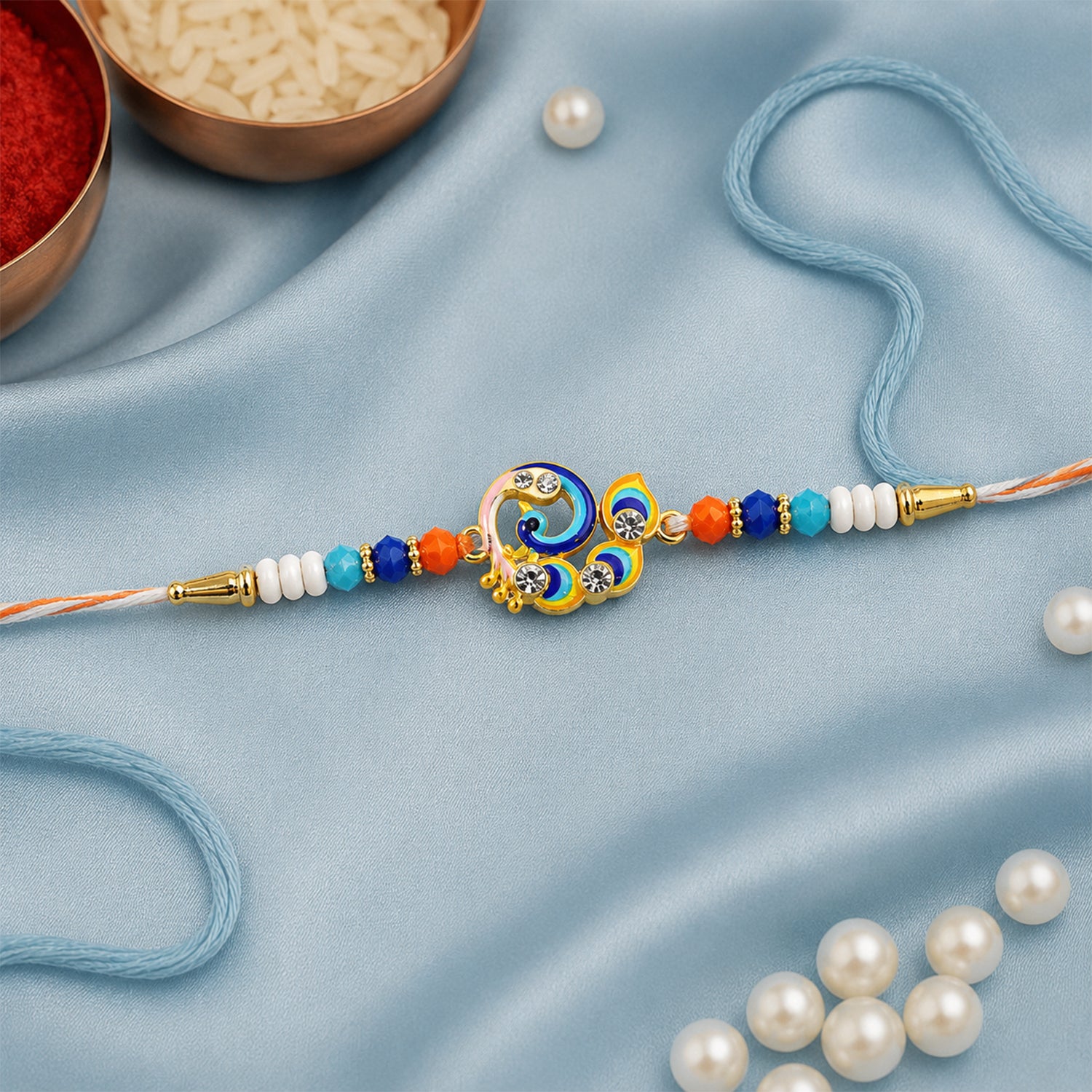 Designer Peacock Theme Rakhi with Colorful Beads (1 Pc)