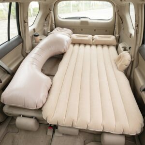 Portable Car Air Mattress Bed Set with Pump & Pillows Inflatable (Beige)