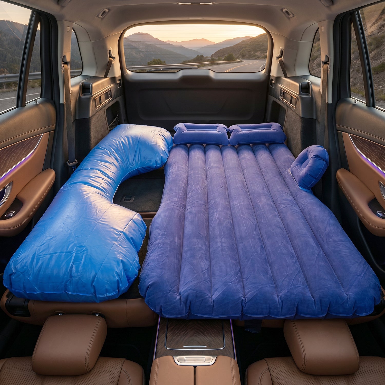 Portable Car Air Mattress Bed Set with Pump & Pillows Inflatable (Blue)