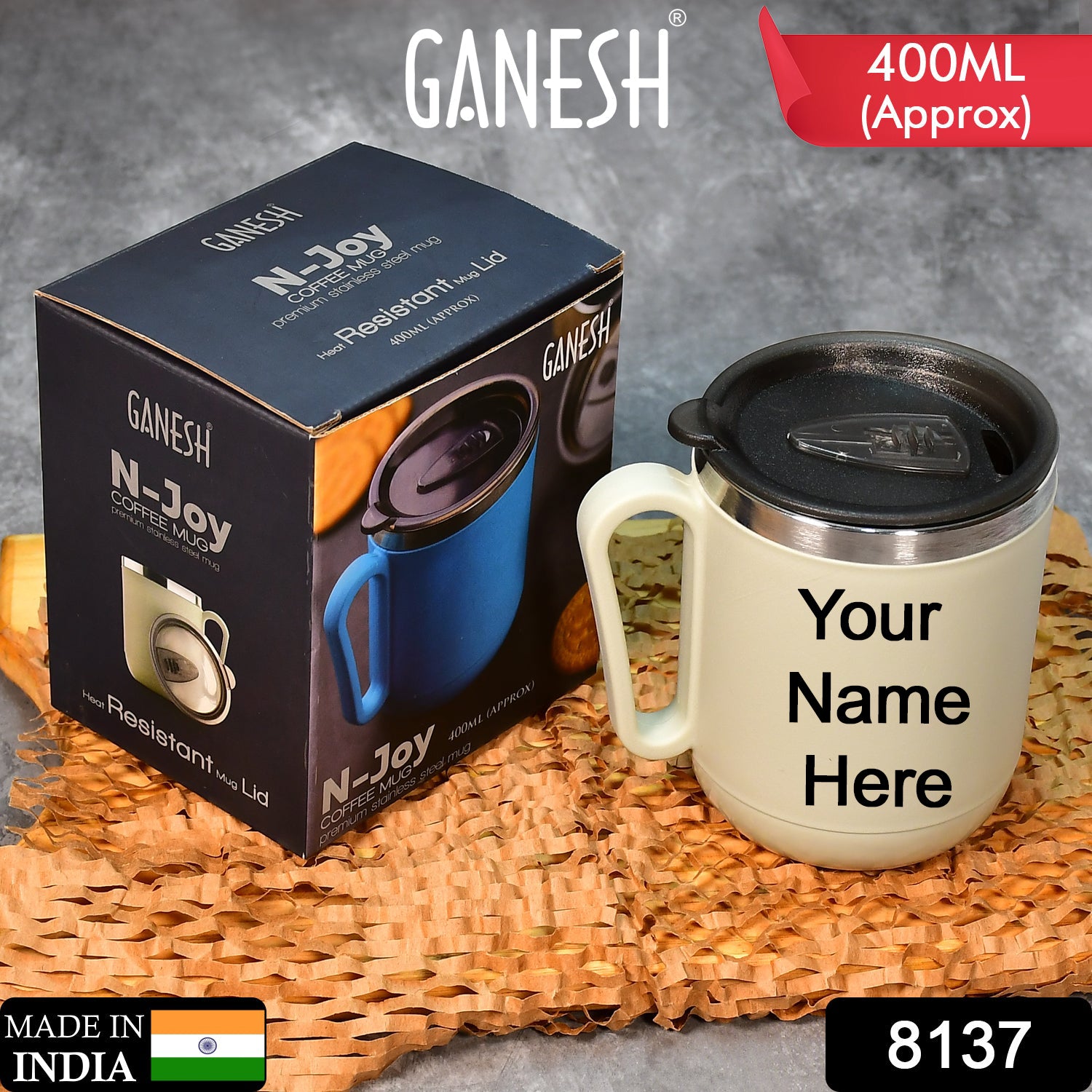 Customized Ganesh Stainless Steel Coffee Mug – Printed Mug (400 ml)