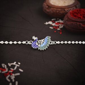 Silver Finish Peacock Design Rakhi with Beaded Chain Thread (1 Pc)
