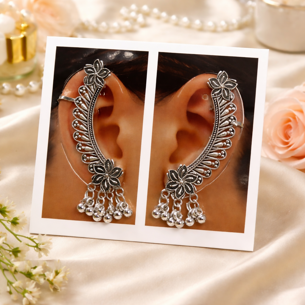 Elegant Oxidised Silver Ear Cuff Earrings with Ghungroo for Women
