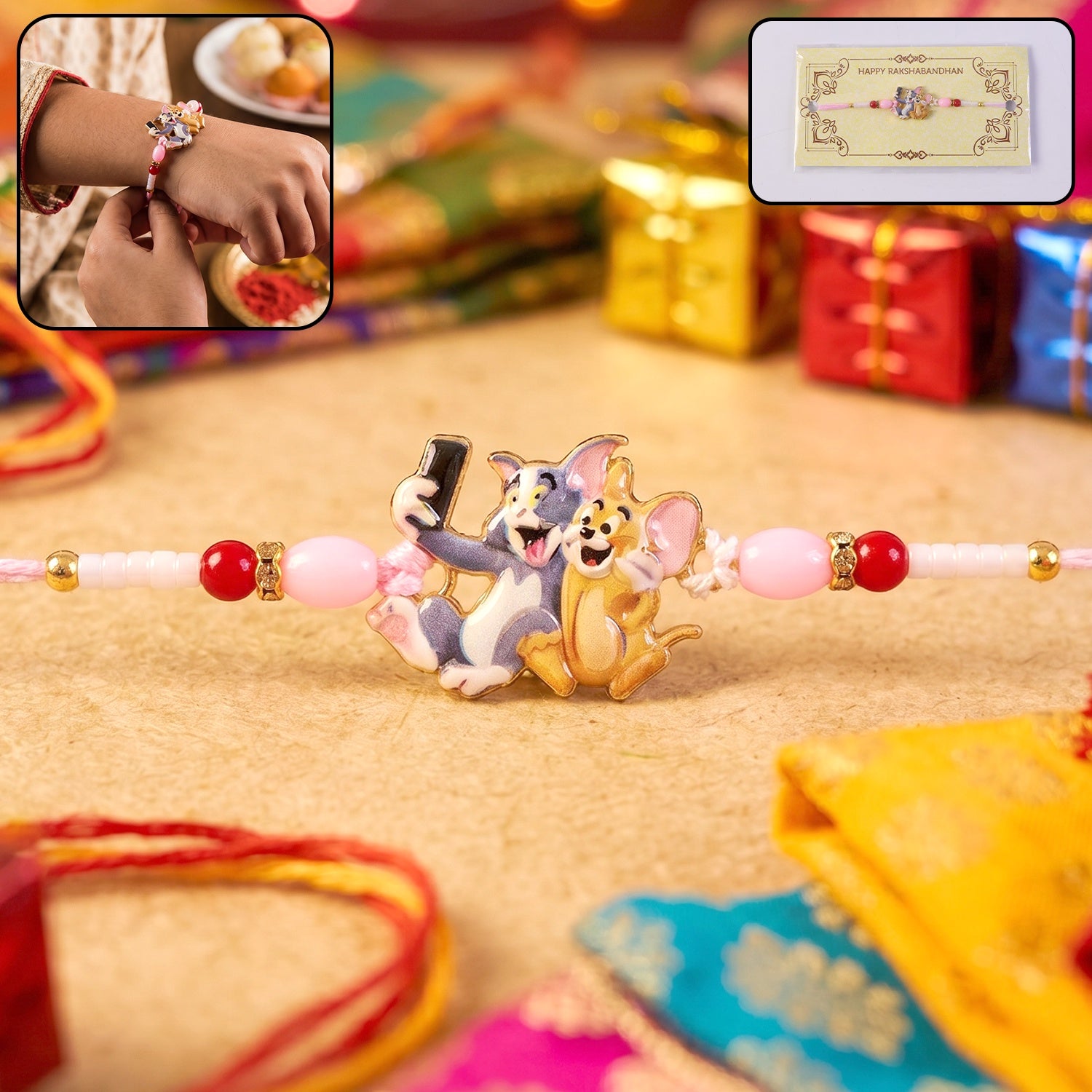 Cute Cartoon Cat and Mouse Selfie Kids Rakhi