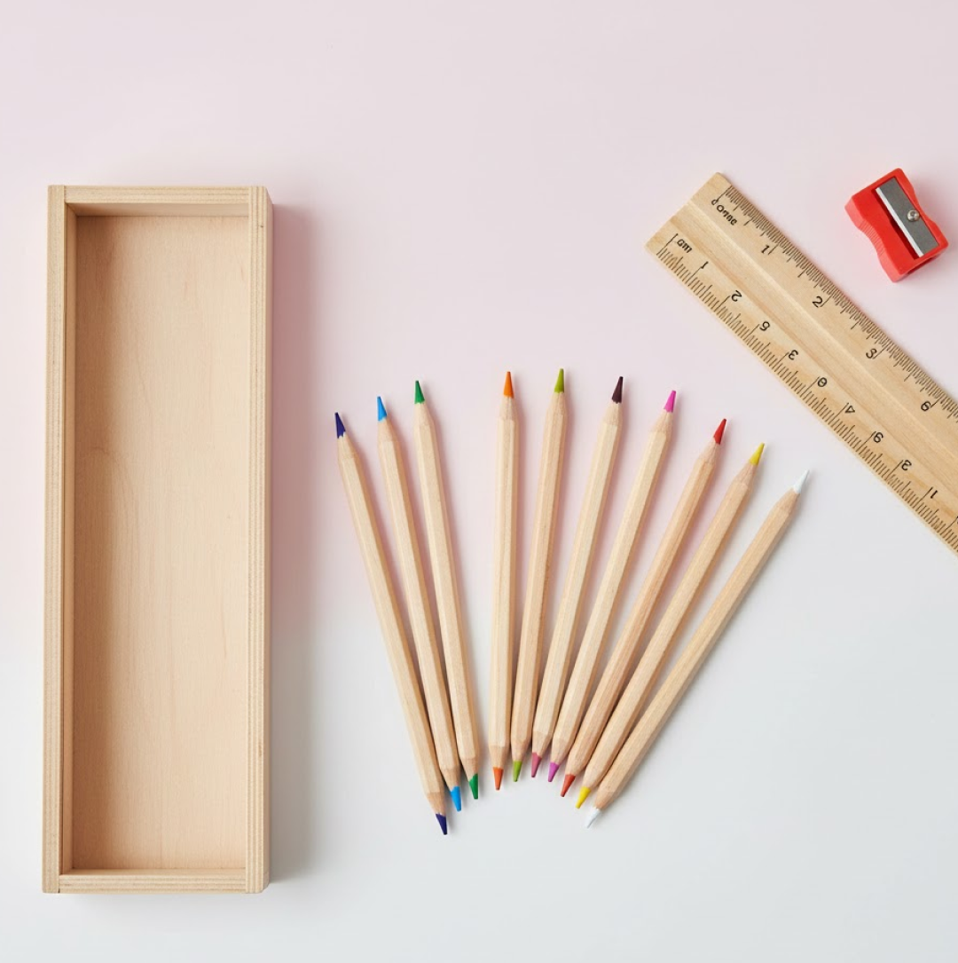 Colorful Wooden Pencil Set with Pencil box, Ruler, Sharpener (12 Pcs Set)