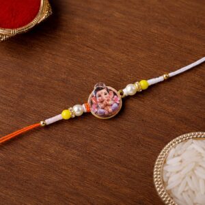 Ganesh Ji Designer Rakhi with Yellow Beads (1 Pc)
