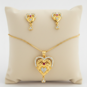 Gold-plated Heart Pendant and Earrings Set with Ruby and Cubic Zirconia