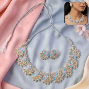 Beautiful Blue and Pink Floral Necklace Set with Matching Earrings for Festive Events