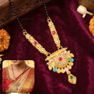 Antique Finish Lotus Medallion with Turquoise Drops & Ruby Stone Single Strand Mangalsutra