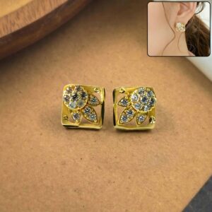 Classic Round Floral Gold Stud Earrings with Stone Work
