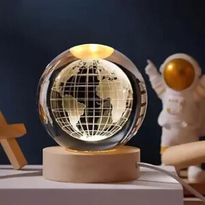 Premium 3D Earth Globe Crystal Ball LED Night Lamp with Wooden Base
