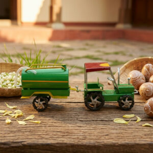 Handcrafted Vintage Metal Toy Water Tanker Tractor with Trailer – Rustic Farm Decor