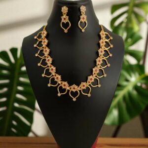 Elegant Gold-Plated Floral Necklace & Earrings Set with Pink Stone Accents