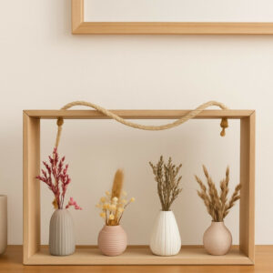 Rustic Wooden Frame Mini Vase Set with Dried Flowers – 4 Ceramic Vases