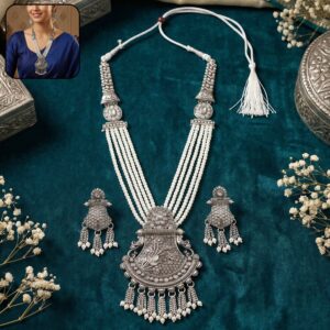 Traditional Silver Necklace with Ornate Pendant and Matching Earrings for Ethnic Wear