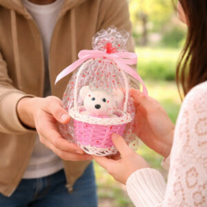 Pink Cute Teddy Basket Gift Set with Crown and Decorative Wrap