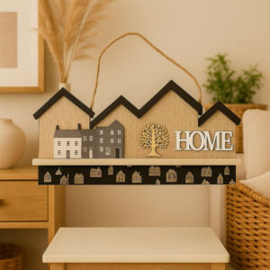 Wooden Home Wall Hanging keystand Decor with Miniature House Design and Rope Handle – Decorative Shelf Art with 3D Tree and 'HOME' Letters, Ideal for Living Room, Entryway, or Farmhouse Style Interiors
