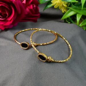 Black Stone Gold Plated Open Bangle Bracelet for Women