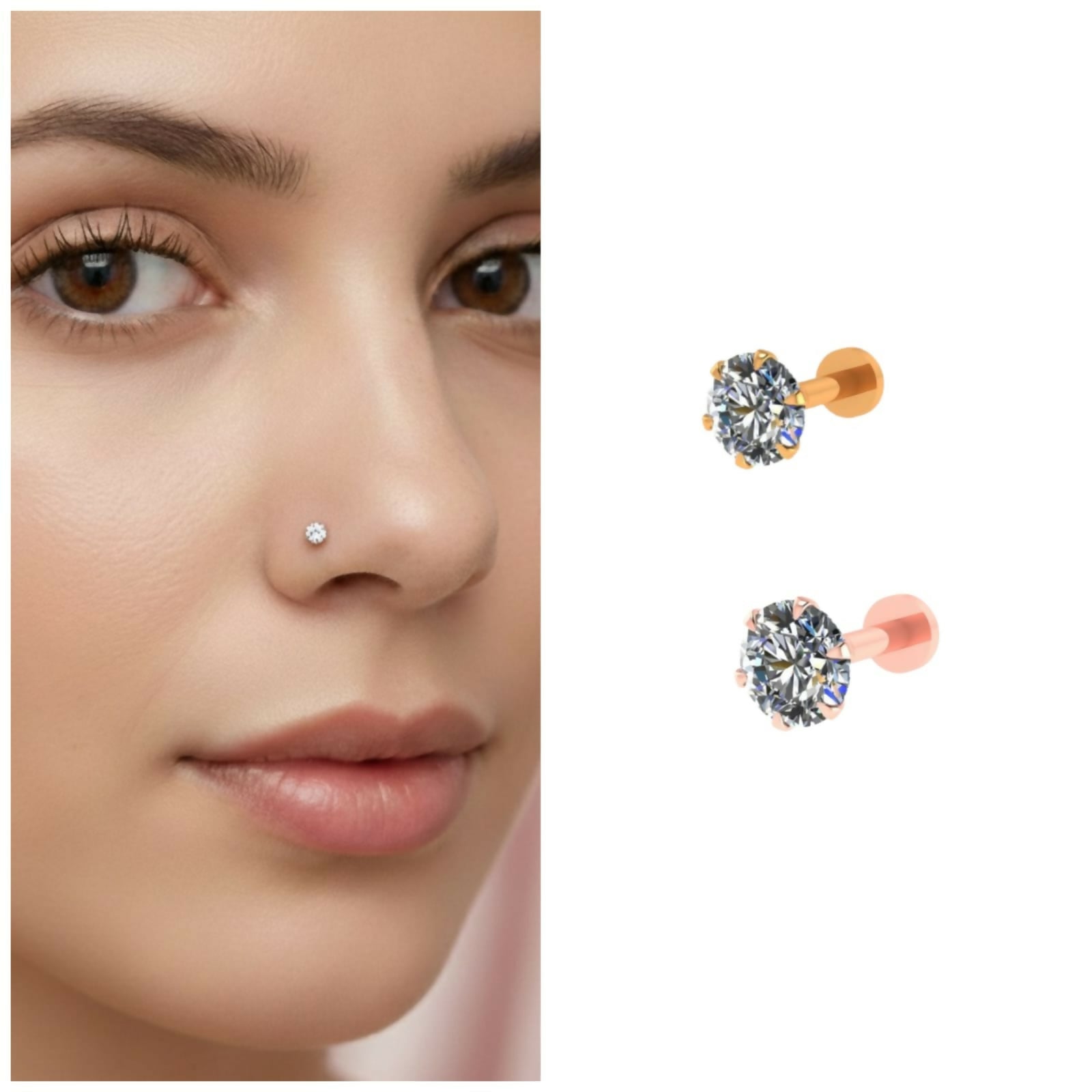 Gold & rose plated Nosepin stud Flat Back Stud for women and girls Combo Pack of 2